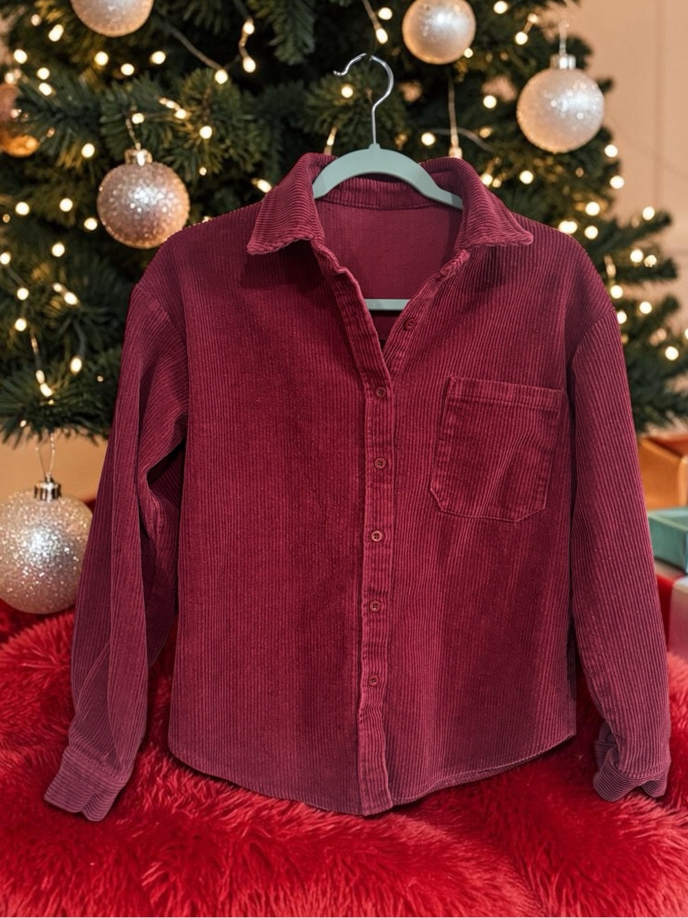 Women's Corduroy Button-Down Shirt Jacket - Burgundy